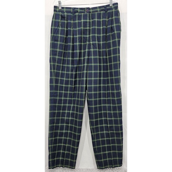 NWT Liz Claiborne Tartan Plaid Trouser Pants Pleated Navy Green Academia Prep 16 - Picture 1 of 13